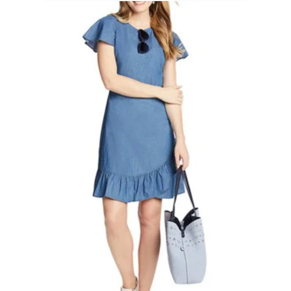 Draper James Chambray Short Sleeve Ruffle Dress Size 2 - Picture 2 of 10